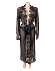 Sexy Mesh Eyelash Lace Long Nightgown with Belt