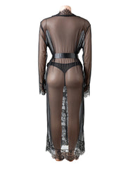 Sexy Mesh Eyelash Lace Long Nightgown with Belt