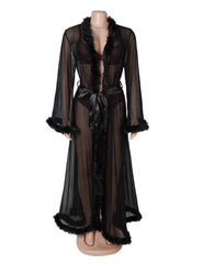 Mink Fur Trim Long Robe With Belt