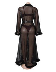 Mink Fur Trim Long Robe With Belt