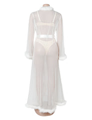 Mink Fur Trim Long Robe With Belt