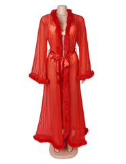 Mink Fur Trim Long Robe With Belt