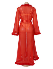Mink Fur Trim Long Robe With Belt