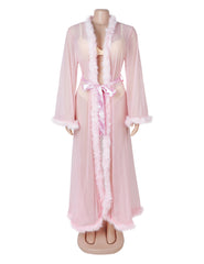 Mink Fur Trim Long Robe With Belt