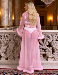 Mink Fur Trim Long Robe With Belt