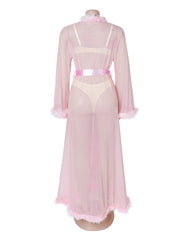 Mink Fur Trim Long Robe With Belt