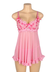 Sexy Mesh Embroidery Lace Lift Bra Suspender Nightdress