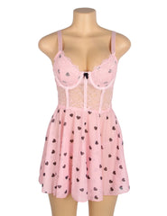 Heart Print Lace Push-Up Babydoll Set