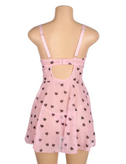 Heart Print Lace Push-Up Babydoll Set
