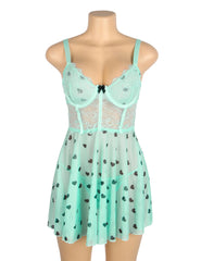 Heart Print Lace Push-Up Babydoll Set