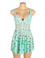 Heart Print Lace Push-Up Babydoll Set