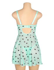 Heart Print Lace Push-Up Babydoll Set