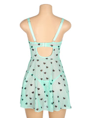 Heart Print Lace Push-Up Babydoll Set