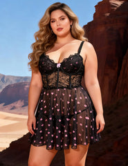 Heart Print Lace Push-Up Babydoll Set
