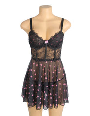 Heart Print Lace Push-Up Babydoll Set