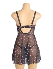 Heart Print Lace Push-Up Babydoll Set