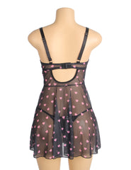 Heart Print Lace Push-Up Babydoll Set