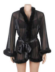 Sexy Mesh Mink Fur Trim Short Robe With Belt