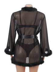 Sexy Mesh Mink Fur Trim Short Robe With Belt