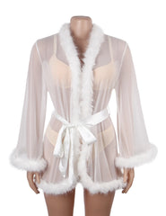 Sexy Mesh Mink Fur Trim Short Robe With Belt