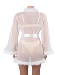 Sexy Mesh Mink Fur Trim Short Robe With Belt
