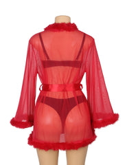 Sexy Mesh Mink Fur Trim Short Robe With Belt