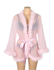 Sexy Mesh Mink Fur Trim Short Robe With Belt