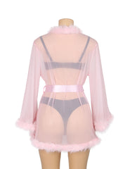 Sexy Mesh Mink Fur Trim Short Robe With Belt