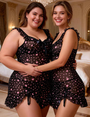 Heart Printed Mesh Ruffled Sexy Nightdress