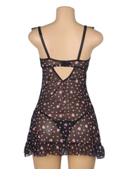 Heart Printed Mesh Ruffled Sexy Nightdress