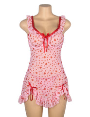 Heart Printed Mesh Ruffled Sexy Nightdress