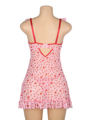 Heart Printed Mesh Ruffled Sexy Nightdress