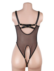 Leather Mesh Hollow Out Open Crotch Bodysuit