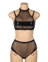 Glossy Leather Mesh Two-Piece Lingerie Set