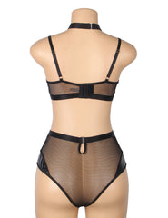 Glossy Leather Mesh Two-Piece Lingerie Set