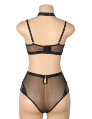 Glossy Leather Mesh Two-Piece Lingerie Set