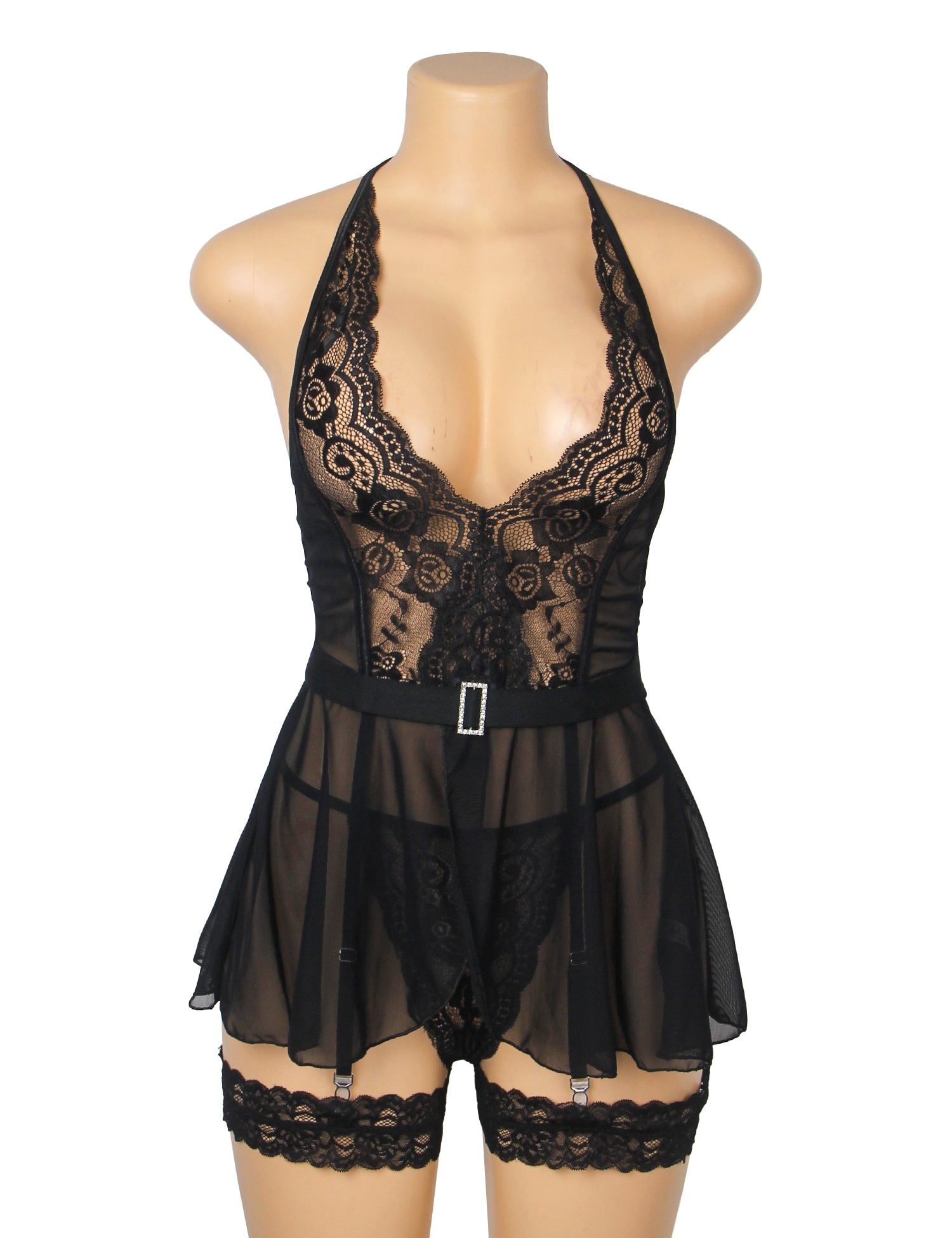 Black Sheer Lace Mesh Halter Bodysuit with Garter Straps product image 9
