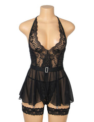 Black Sheer Lace Mesh Halter Bodysuit with Garter Straps product image 9