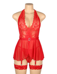 Red Sheer Lace Mesh Halter Bodysuit with Garter Straps product image 4