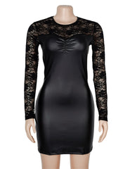 Long Sleeves PU Leather Lace Sexy Nightdress