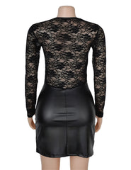 Long Sleeves PU Leather Lace Sexy Nightdress