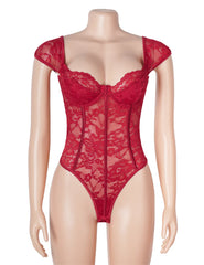 Lace Square Neck Short Sleeves Open Crotch Bodysuit