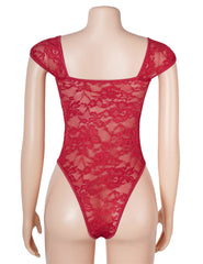 Lace Square Neck Short Sleeves Open Crotch Bodysuit
