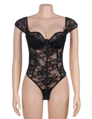 Lace Square Neck Short Sleeves Open Crotch Bodysuit