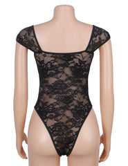 Lace Square Neck Short Sleeves Open Crotch Bodysuit