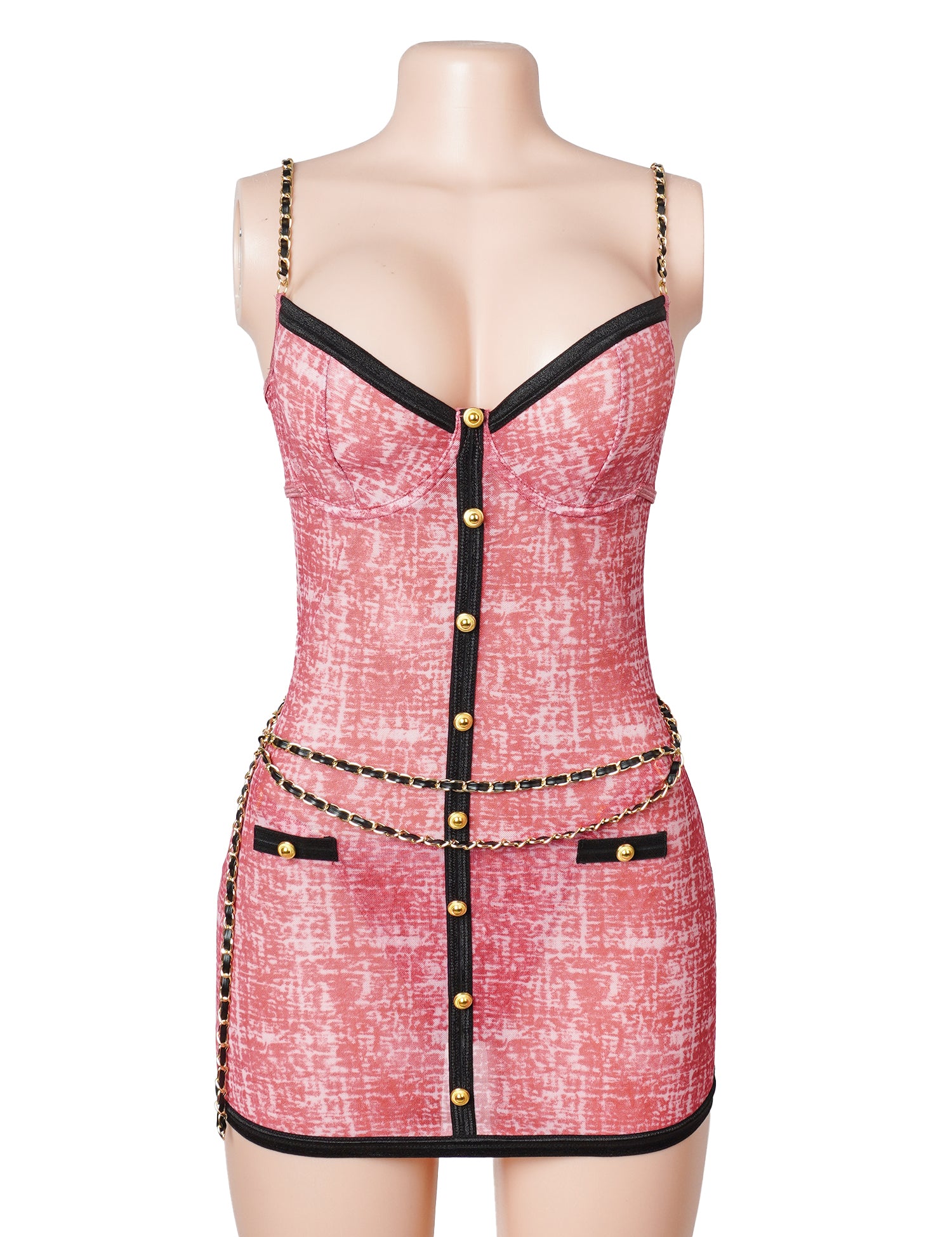 Underwire Printed Mesh Babydoll Dress with Chain Straps
