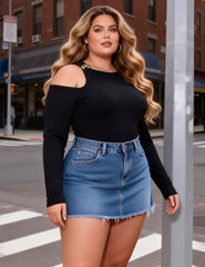 Long Sleeve Shoulder Cutout Bodysuit with Metallic Accent