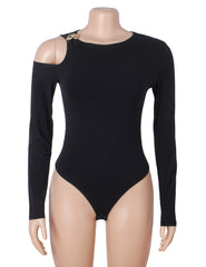 Long Sleeve Shoulder Cutout Bodysuit with Metallic Accent