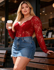 Deep-V Lace Long Sleeve Bodysuit