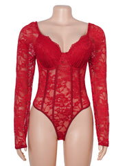Deep-V Lace Long Sleeve Bodysuit